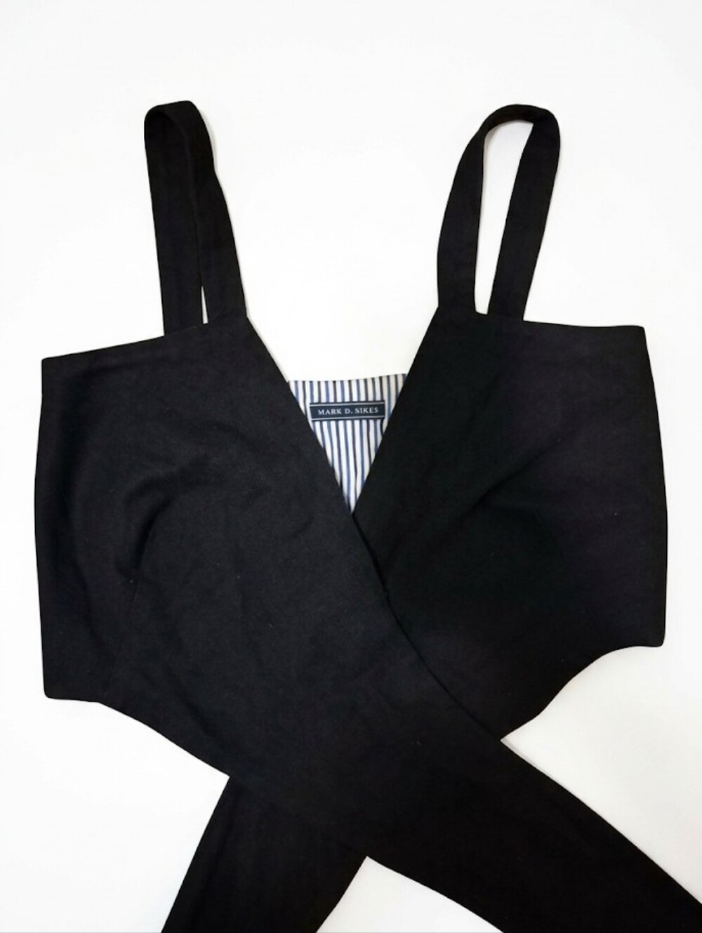 Mark D. Sikes Black Crop Wrap Top Blue White Stripe Lining Ties